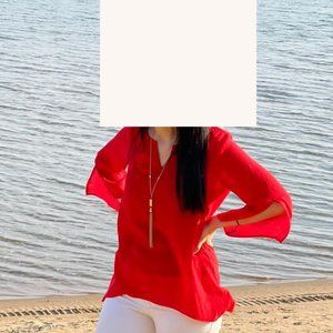 Charming Charlies: Bright Orange, V-Neck, Silky Blouse